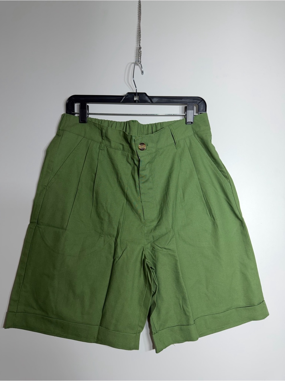 Ouku Women’s Chino Shorts M Green Cotton Linen Pleated High Rise Pockets 6"